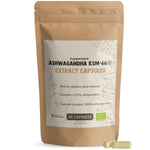 Herbalistas BIO Ashwagandha KSM-66 supplement capsules in a clear container, showing 60 organic herbal capsules for stress support.