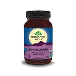 Organic India BIO Ashwagandha supplement capsules in a bottle, herbal supplement for stress and vitality.