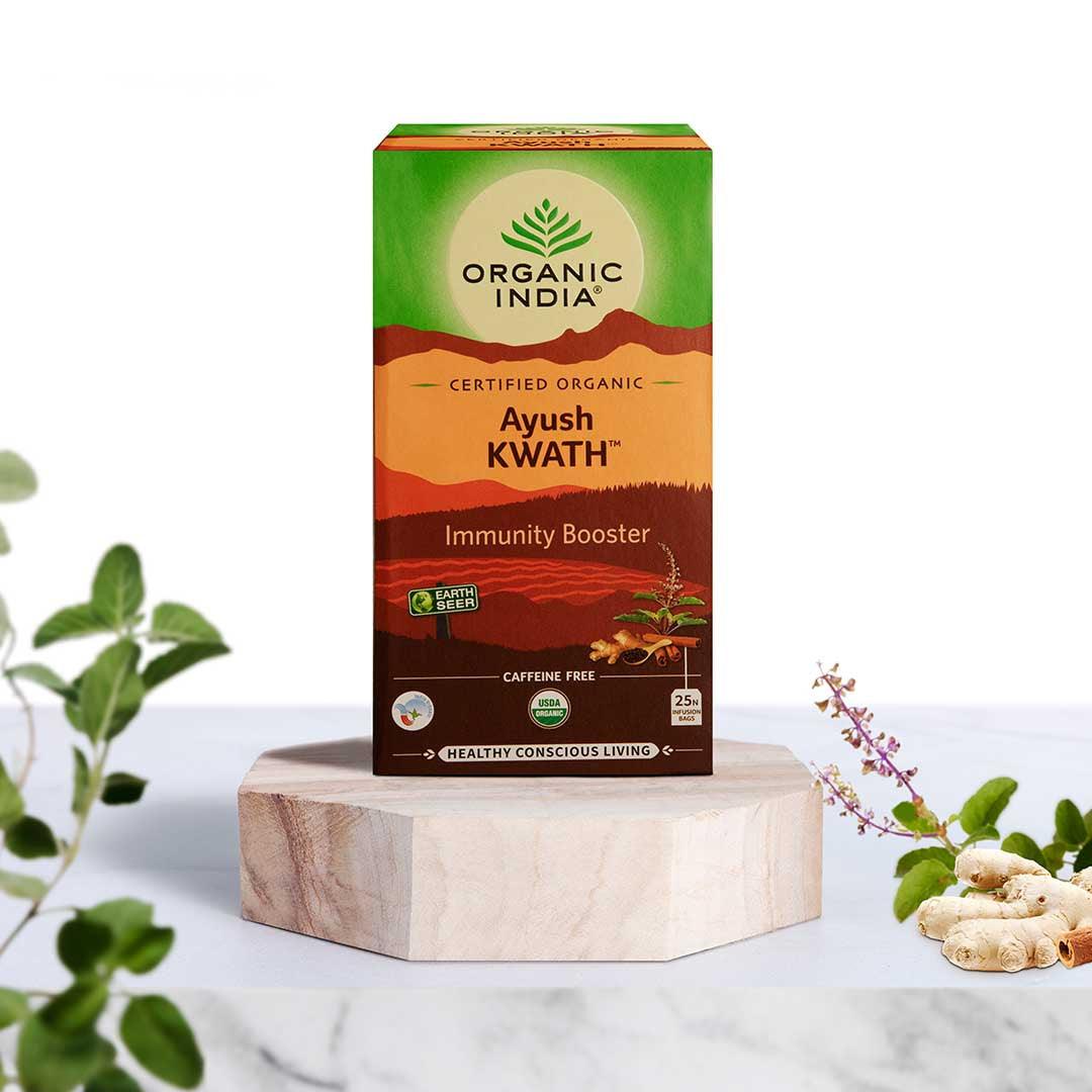 Organic India BIO Tulsi Ayush Kwath Tea box with 25 infusion bags, caffeine-free herbal tea from Herbalistas.