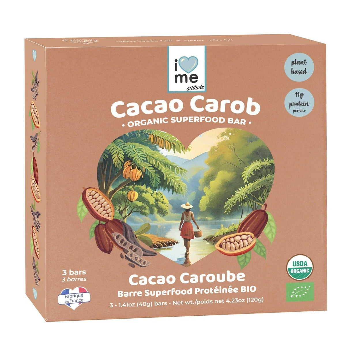 Organic cacao and carob vegan protein bars by ILOVE ME, natural superfood snack, pack of three, with fresh ingredients.