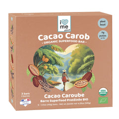 Organic cacao and carob vegan protein bars by I LOVE ME, showing a pack of three superfood snack bars on a natural background.