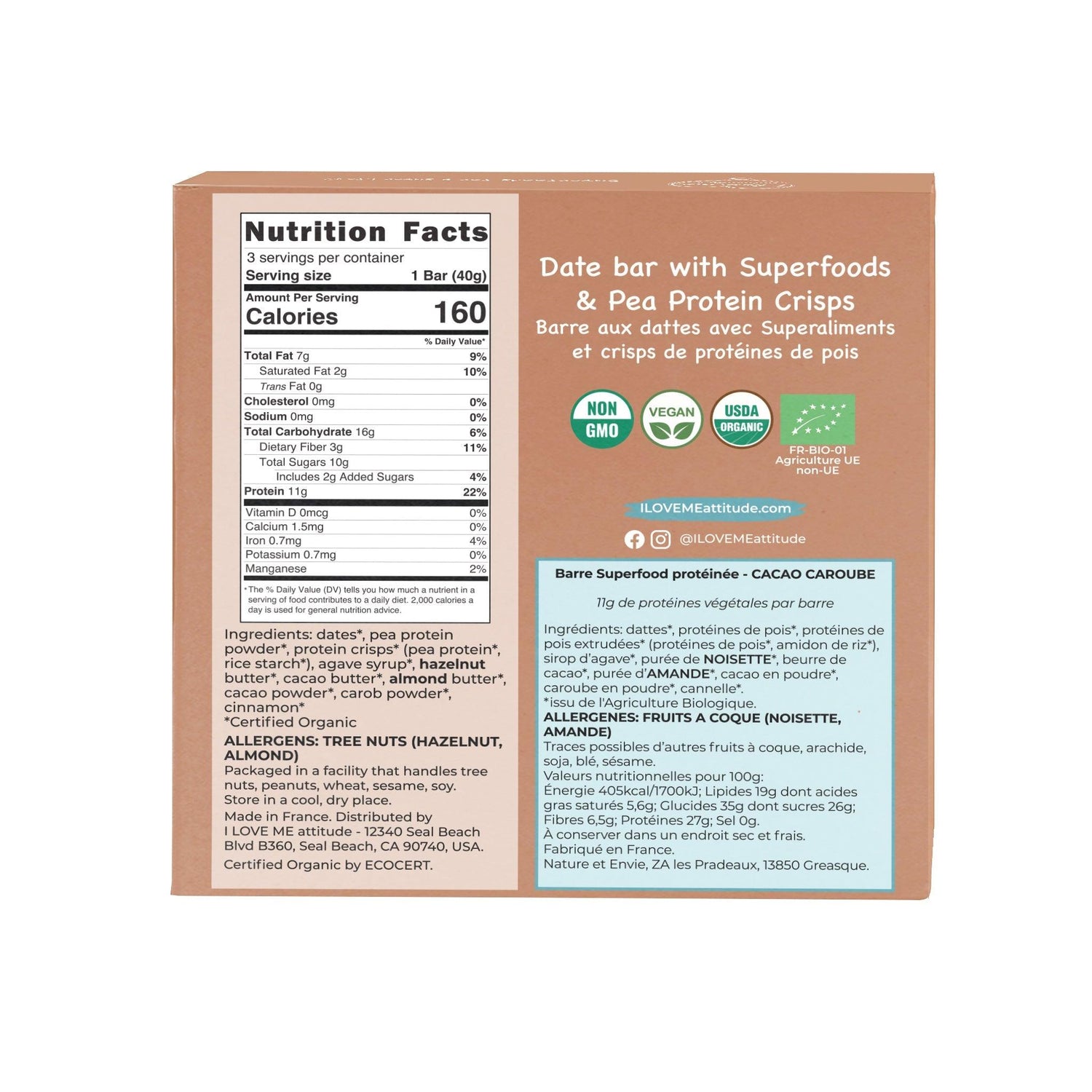Organic cacao and carob protein bar by ILOVE ME, vegan superfood snack in a pack of three, with natural ingredients and rich flavor.