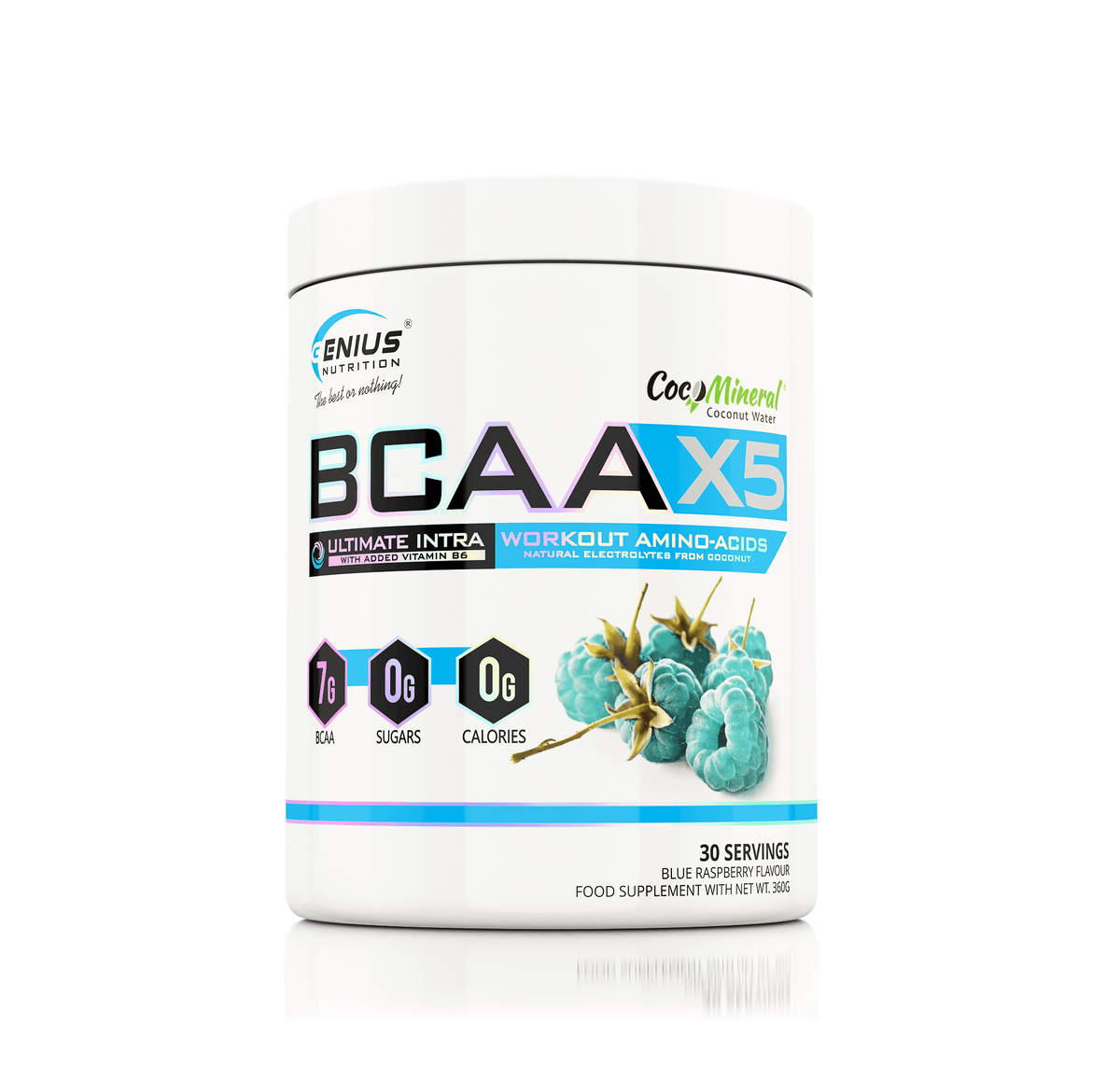 Genius Nutrition BCAA-X5 supplement box with 360g label, showing amino acid blend and product details on the packaging