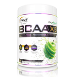 Genius Nutrition BCAA-X5 supplement in green apple flavor, showing a 360g container with a scoop and green apple flavor label.