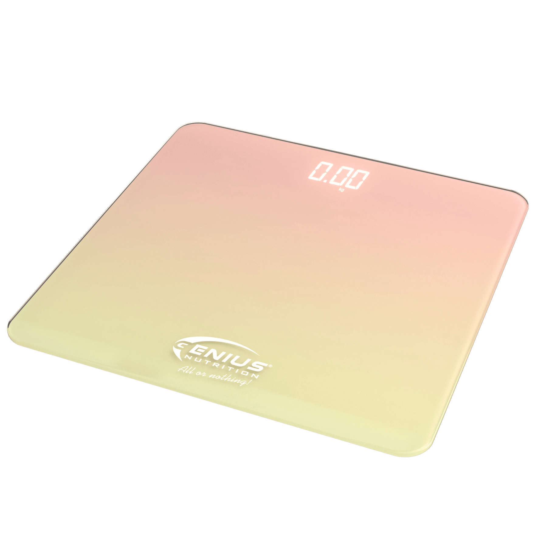 Pink and yellow Genius Nutrition body scale for fitness tracking, featuring a digital display and sleek design.