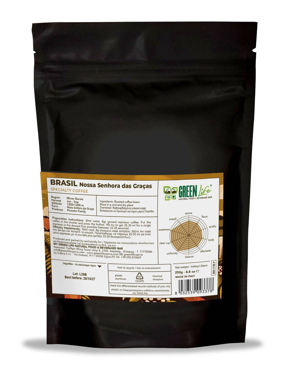 Brazil Nossa Senhora das Graças Green Life Specialty Coffee 250g by LA TOSTERIA, fresh green coffee beans in a bag.