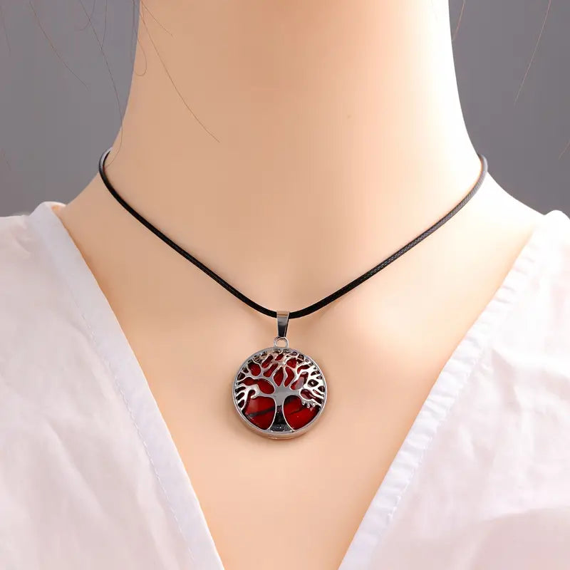 Tree Of Life Design Natural Stone Pendant, Energy Stone Crystal Chakra Necklace For Women & Men