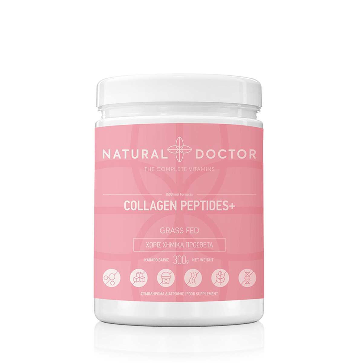 VITAREA Natural Doctor Collagen Peptides+ supplement in 300g jar, showing the product packaging and label.