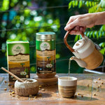 Organic India BIO Tulsi Masala Chai Tea bags with chamomile, herbal tea infusion, natural ingredients, and aromatic spices.