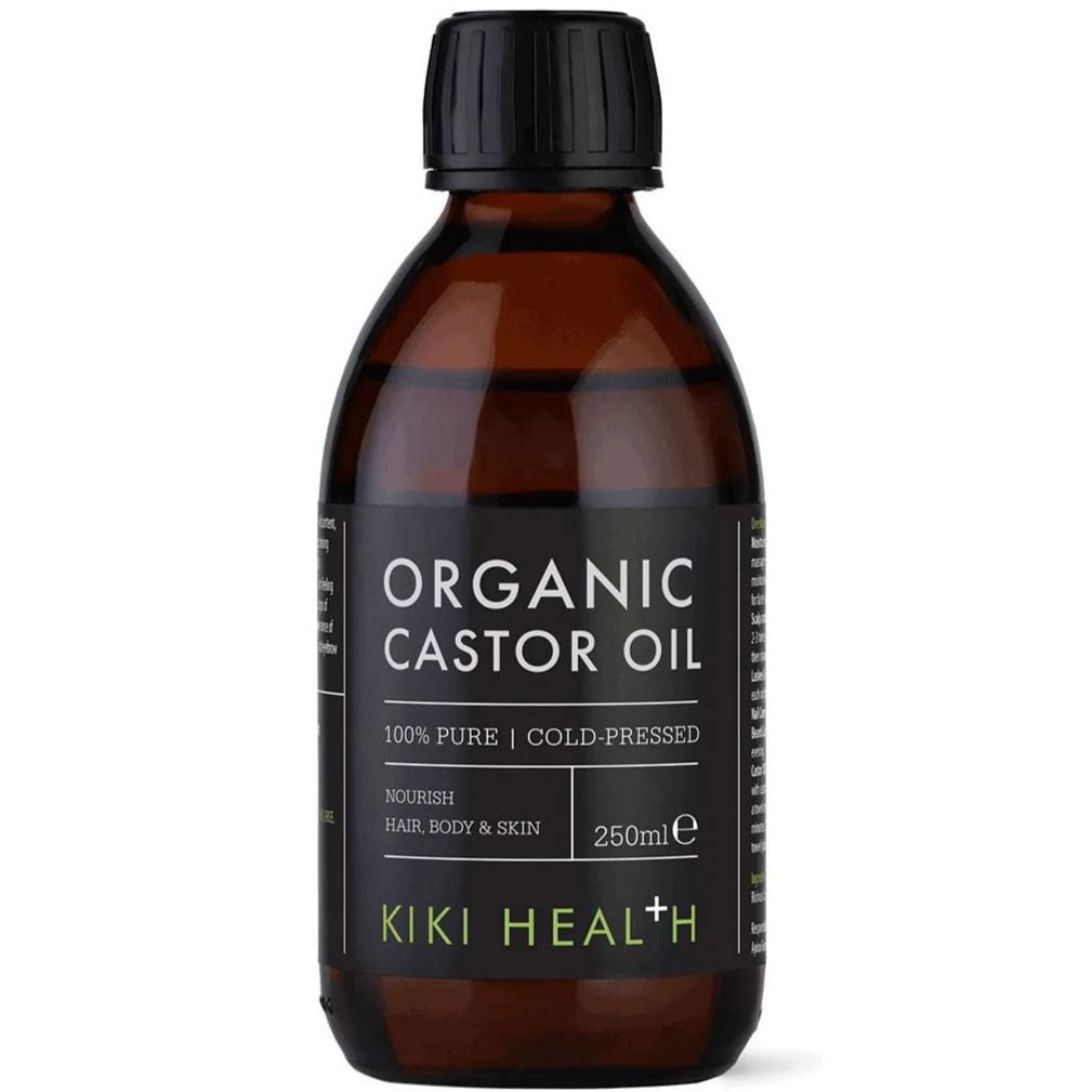Organic castor oil from Kiki Health in a 250ml bottle, suitable for skin care, by Herbalistas.