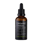 Organic Chaga extract tincture in a glass dropper bottle, labeled with Herbalistas branding, on a white background.