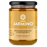 Jarmino organic chicken bone broth jar, showcasing clear collagen-rich chicken bone broth in a 350ml glass jar.