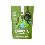 Organic I LOVE ME Chlorella Powder supplement in a 90g package, showcasing vibrant green powdered supplement in a clear container.