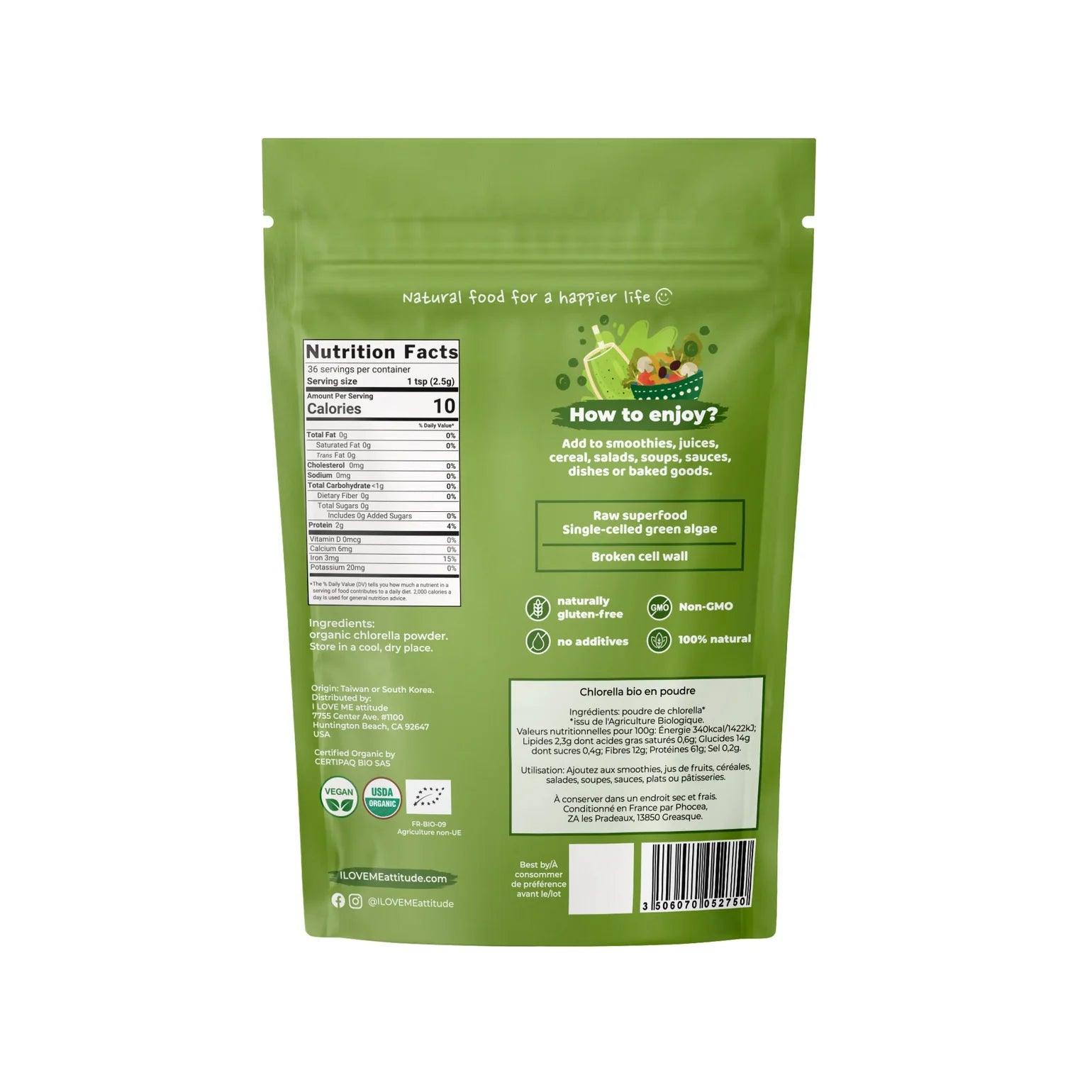Organic I LOVE ME Chlorella Powder supplement in a 90g package, showing the green powder and product label.