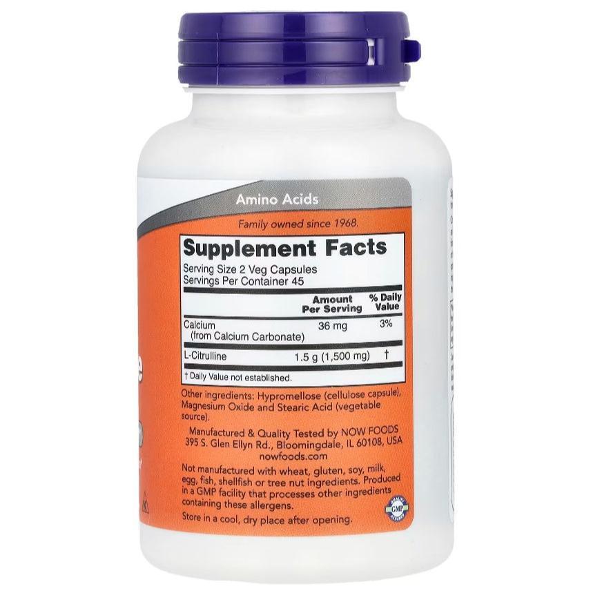 Vegetarian capsules of NOW Foods L-Citrulline supplement, 750mg per capsule, in a clear container.