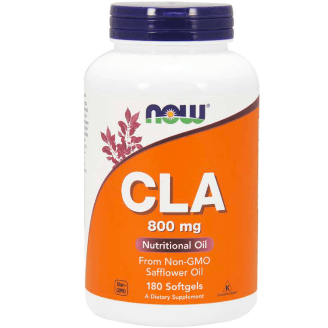 Now Foods CLA supplement in 90 softgels, showing the product bottle with softgel capsules on the label.