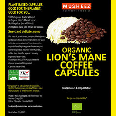 Musheez, BIO, Lion’s Mane Dual Extract 15:1, 250mg, Nespresso Compatible Coffee,10 Compostable Pods