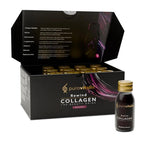 Open box with a 60ml bottle of Purovitalis REWIND Liquid Collagen supplement by Herbalistas, showing the clear liquid inside.