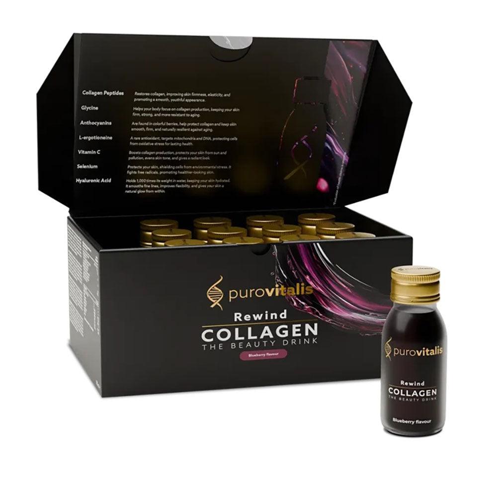 Open box with a 60ml bottle of Purovitalis REWIND Liquid Collagen supplement by Herbalistas, showing the clear liquid inside.