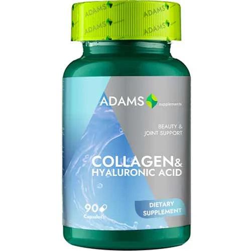 Adams Supplements Collagen and Hyaluronic Acid supplement in 90 capsules, showing the bottle and label.