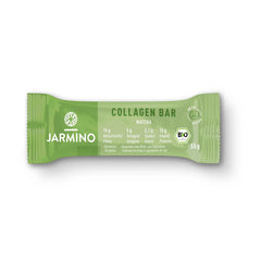 Jarmino organic collagen bar with matcha green tea, high-protein snack in a 55g package, featuring a green tea-flavored treat.