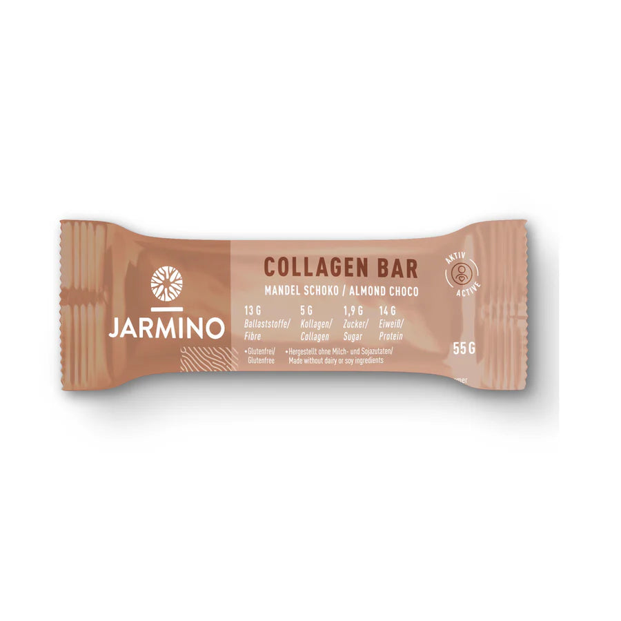 Jarmino organic collagen bar with almonds and chocolate, high-protein snack in 55g package, displayed on a neutral background.