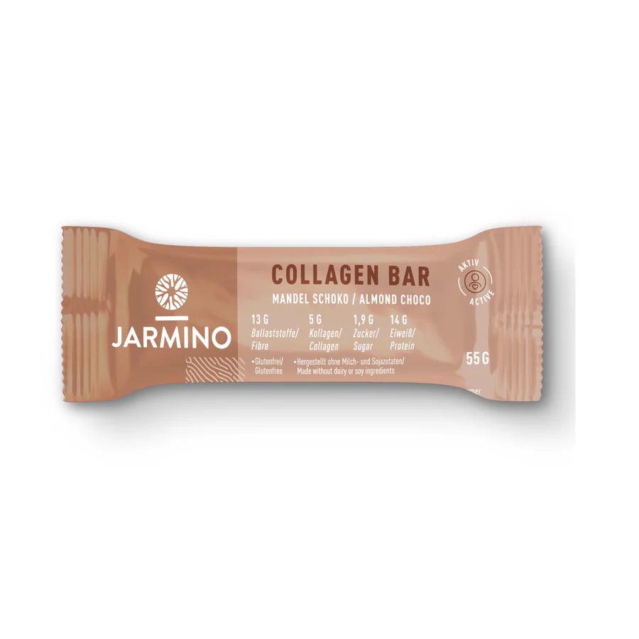 Jarmino organic collagen bar with almonds and chocolate, high-protein snack in 55g packaging, featuring a chocolate and almond treat.