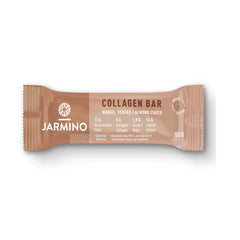 Jarmino organic collagen bar with almonds and chocolate, high-protein snack in 55g package, displayed on a neutral background.