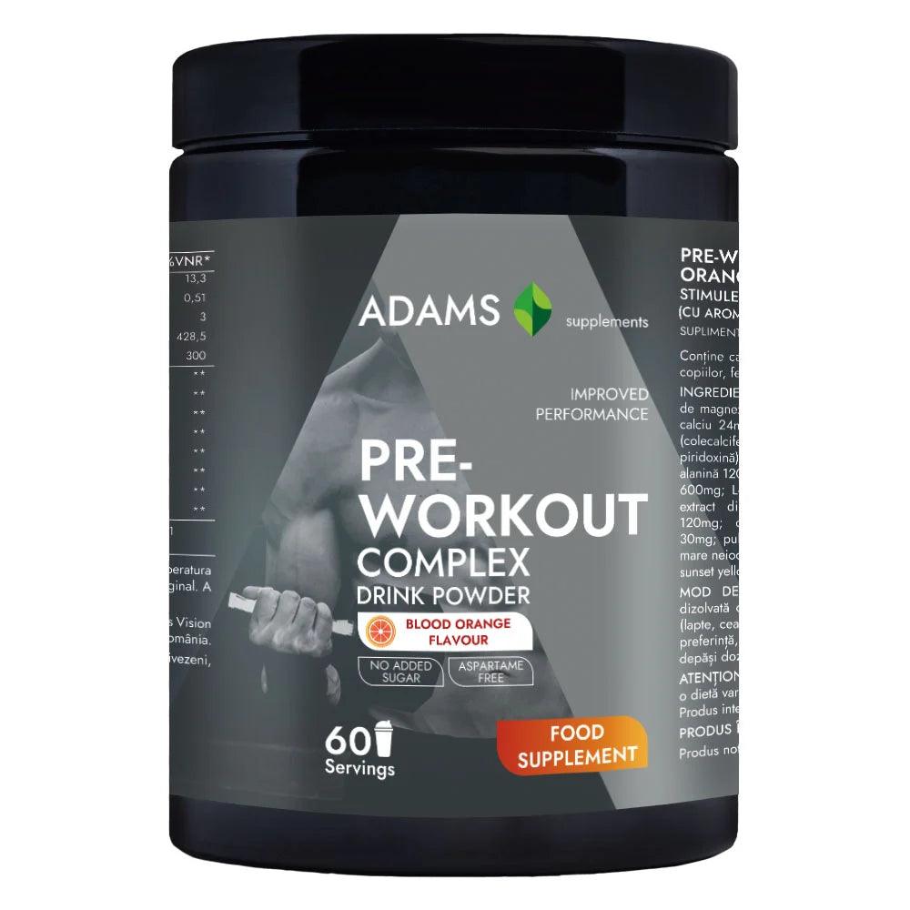 Adams Supplements PreWorkout Complex in orange flavor, 360g container with vibrant orange and red design, supplement powder for energy.