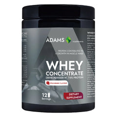 Adams Supplements whey isolate protein powder in strawberry flavor, 360g container, with a focus on the supplement's packaging and product.