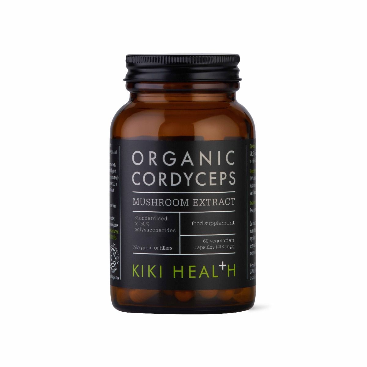 Organic Cordyceps Mushroom Extract capsules from Kiki Health in vegan supplement capsules, shown in a bottle.