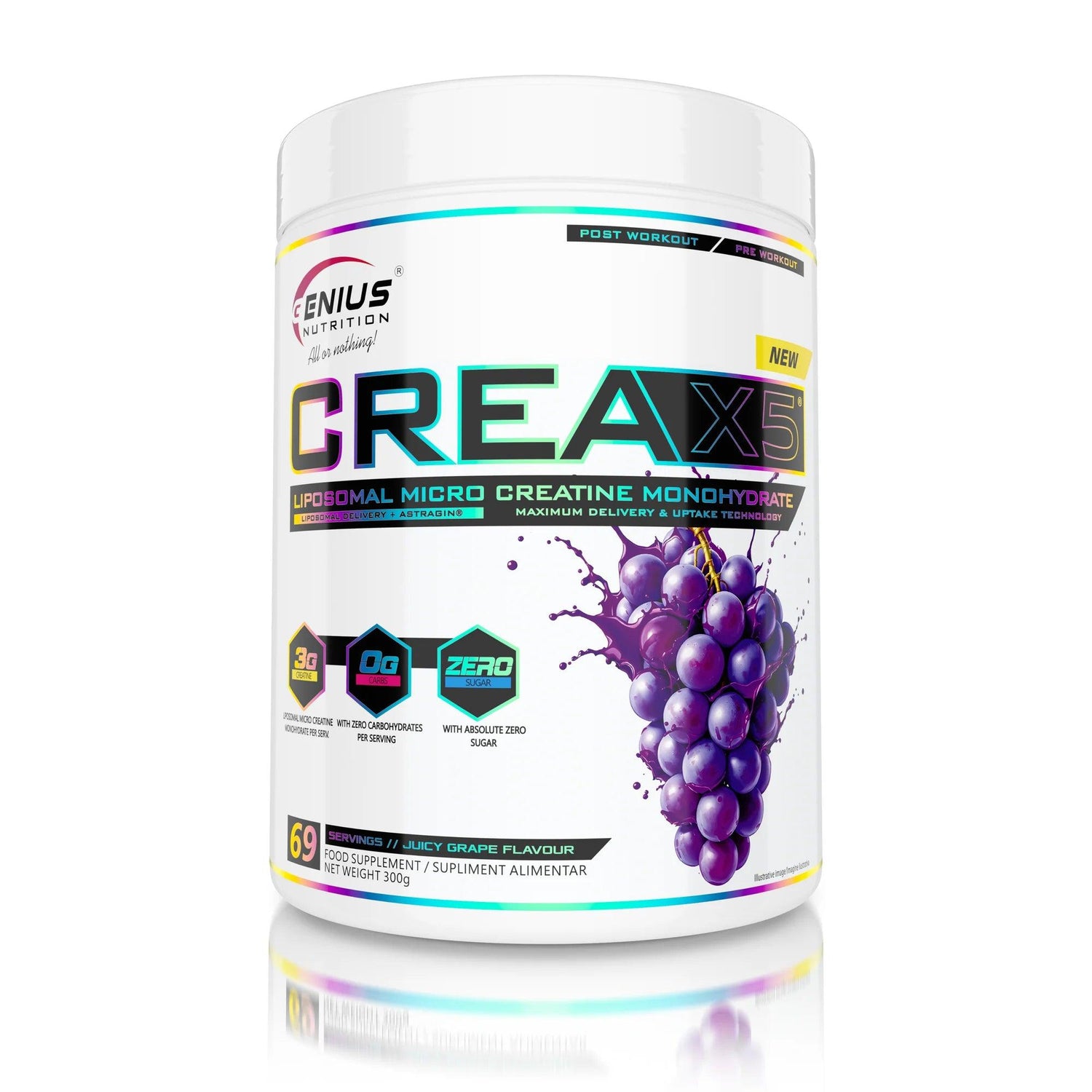 Genius Nutrition CREA-X5 liposomal supplement in juicy grape flavor, 300g jar with scoop, white background.