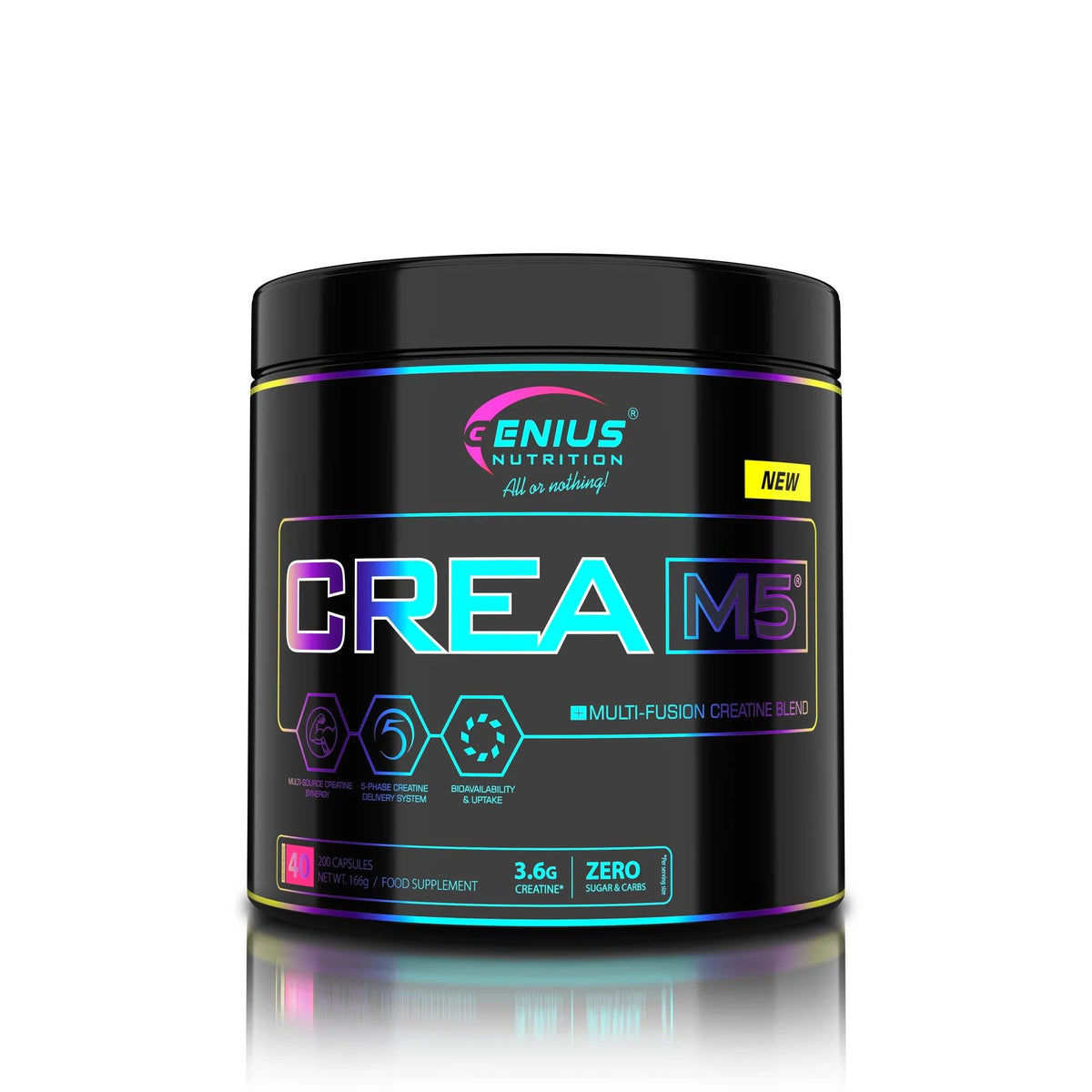 Unflavored CREA-M5 supplement by Genius Nutrition in a white bottle with 200 capsules, designed to support muscle and joint health.
