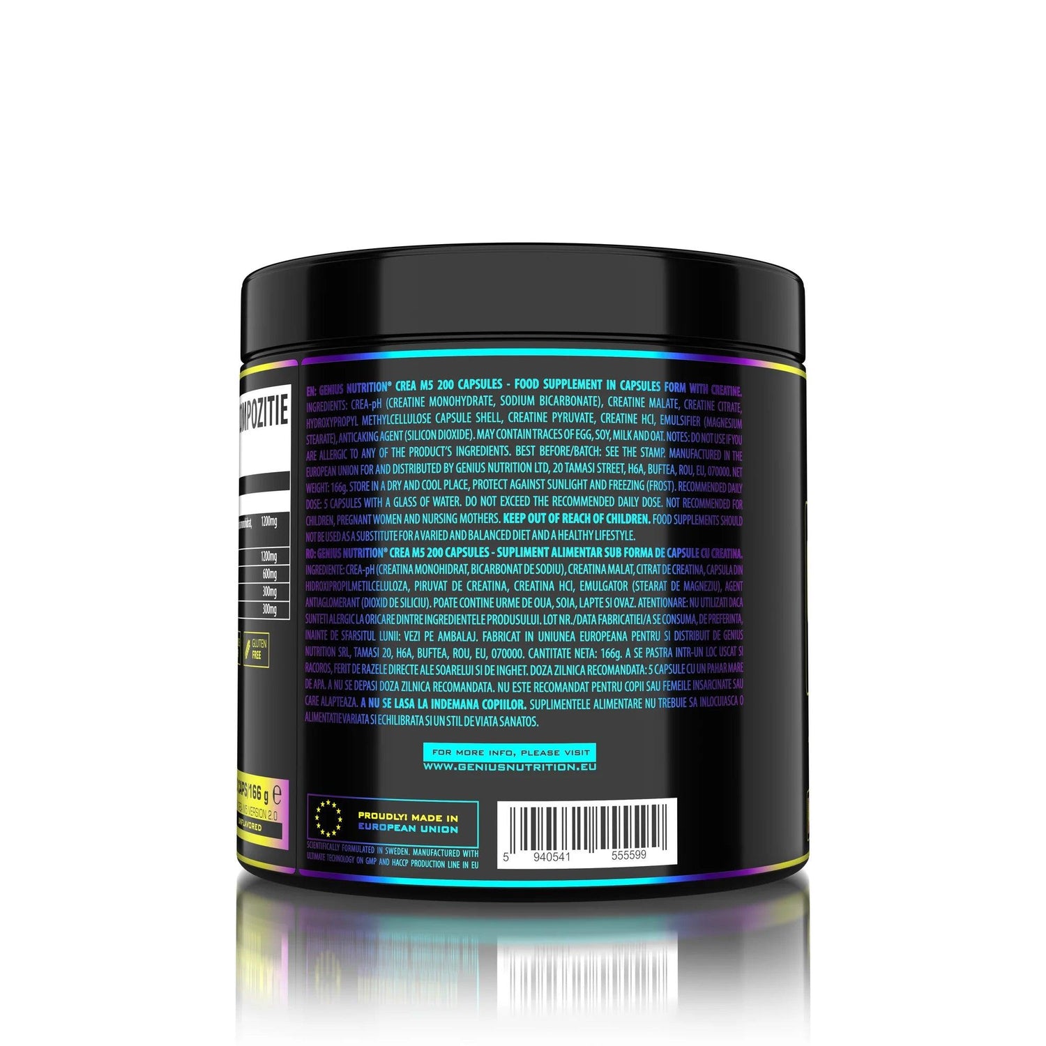 Genius Nutrition CREA-M5 supplement bottle with 200 unflavored capsules, showcasing label details on a white background.