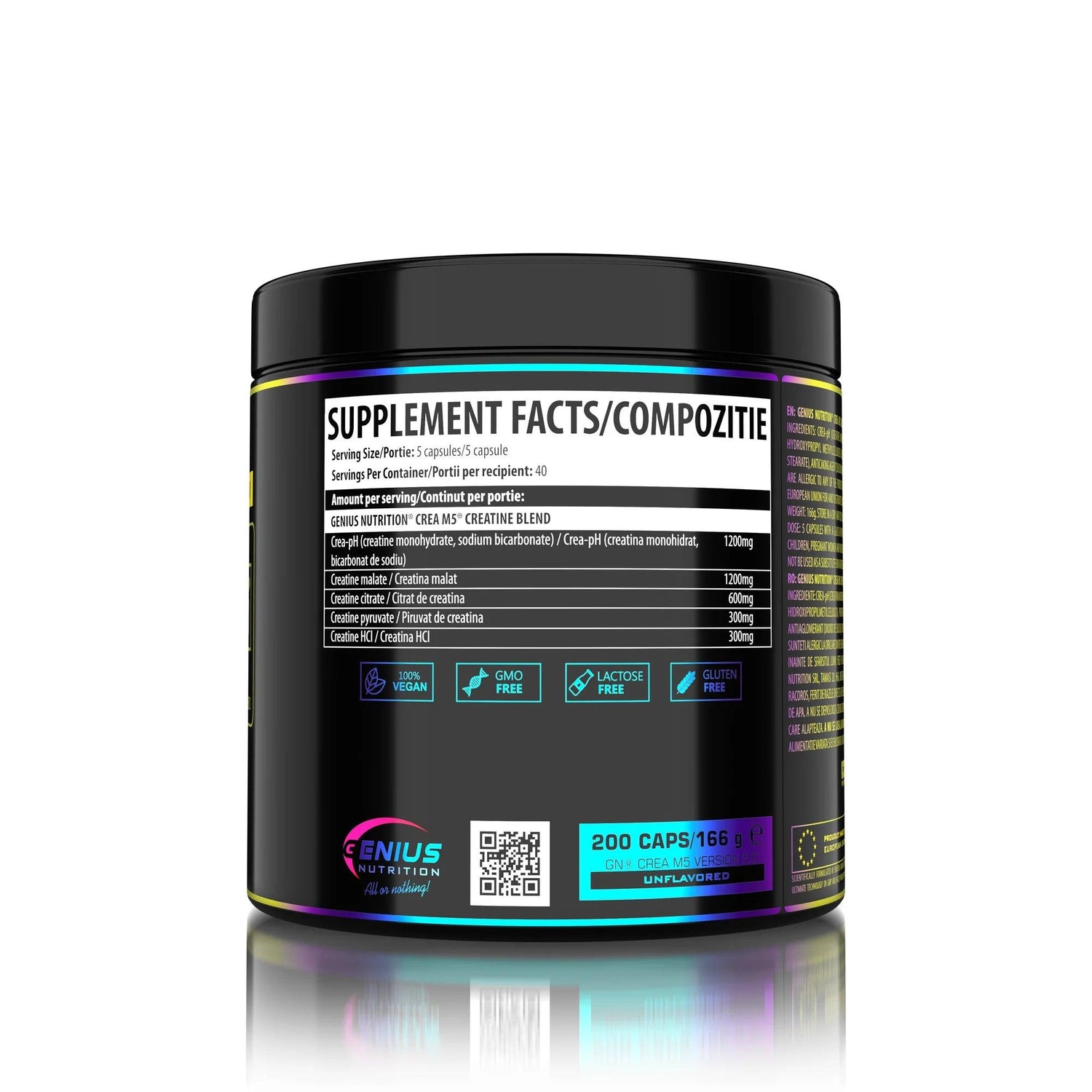 Unflavored CREA-M5 Genius Nutrition supplement bottle with 200 capsules, labeled as a creatine food supplement.