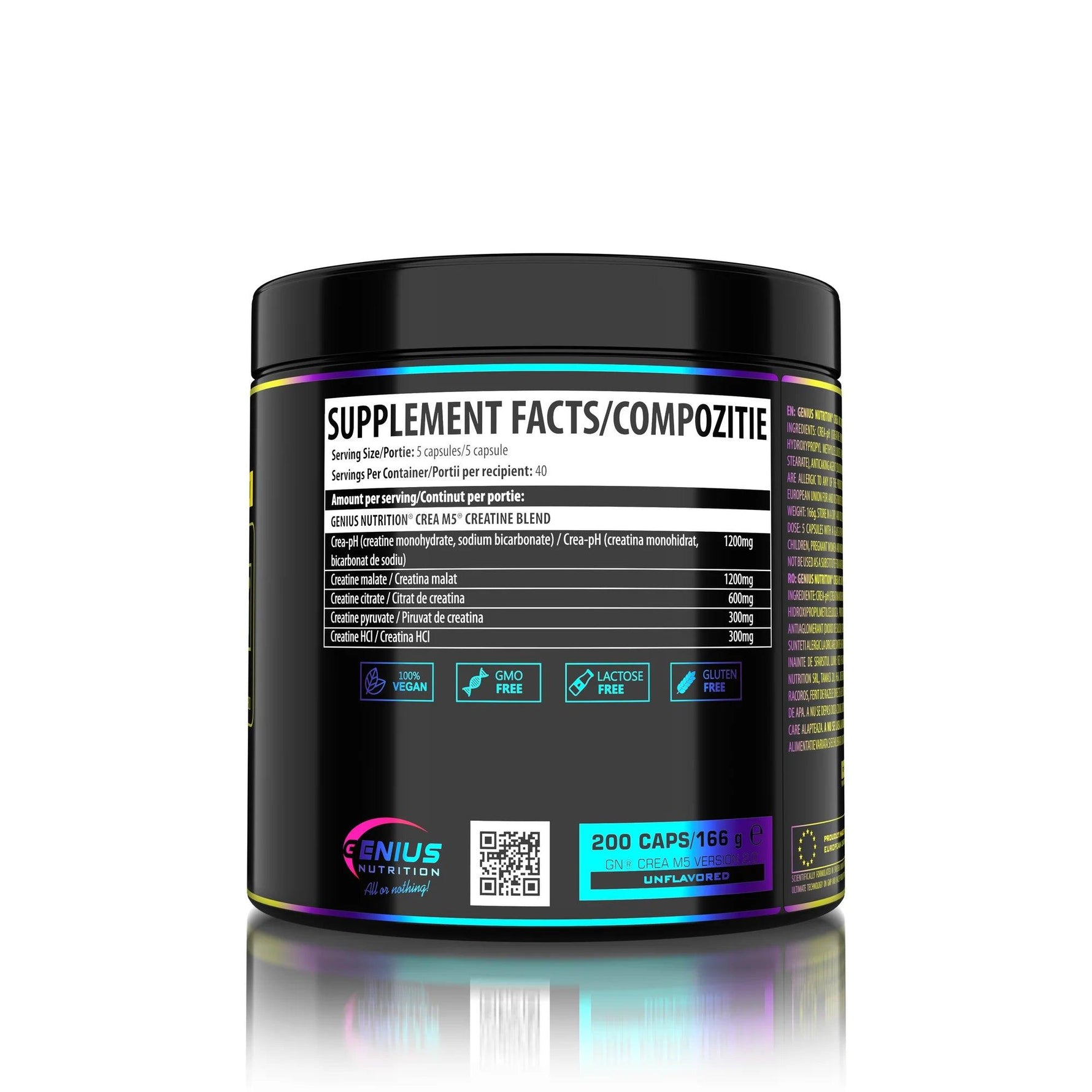 Unflavored CREA-M5 Genius Nutrition supplement bottle with 200 capsules, labeled as a creatine food supplement.