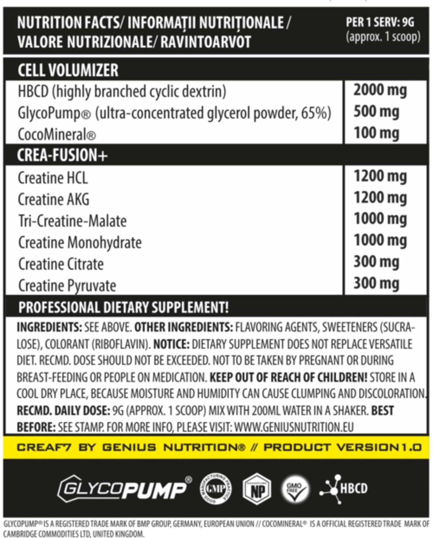 Genius Nutrition CreaF7 supplement container with label showing 405g and 45 servings, featuring a white and blue design.