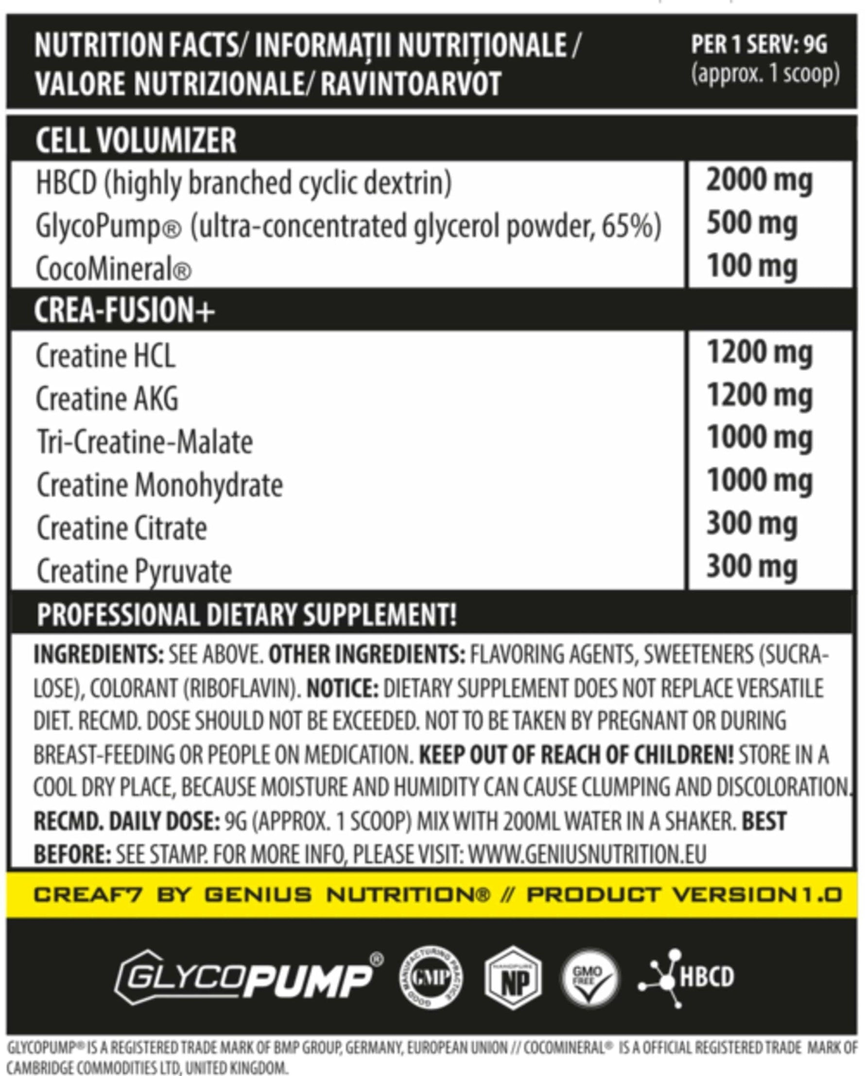 Genius Nutrition CreaF7 supplement container with label showing 405g and 45 servings, featuring a white and blue design.