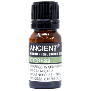 Cypress essential oil bottle from AW Gifts, 10ml, showing clear glass container with a white label and green cypress leaves in the background.