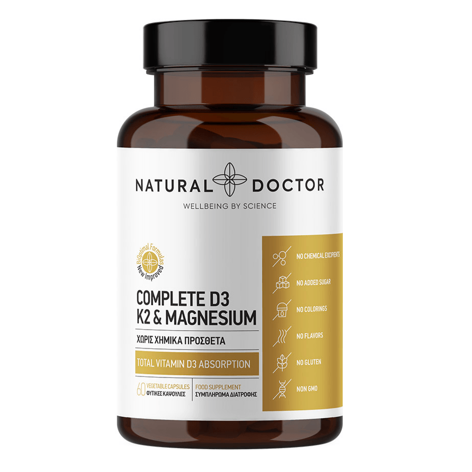 VITAREA Natural Doctor Complete D3, K2 & Magnesium supplement in 60 vegetarian capsules, showing the supplement bottle and capsules.