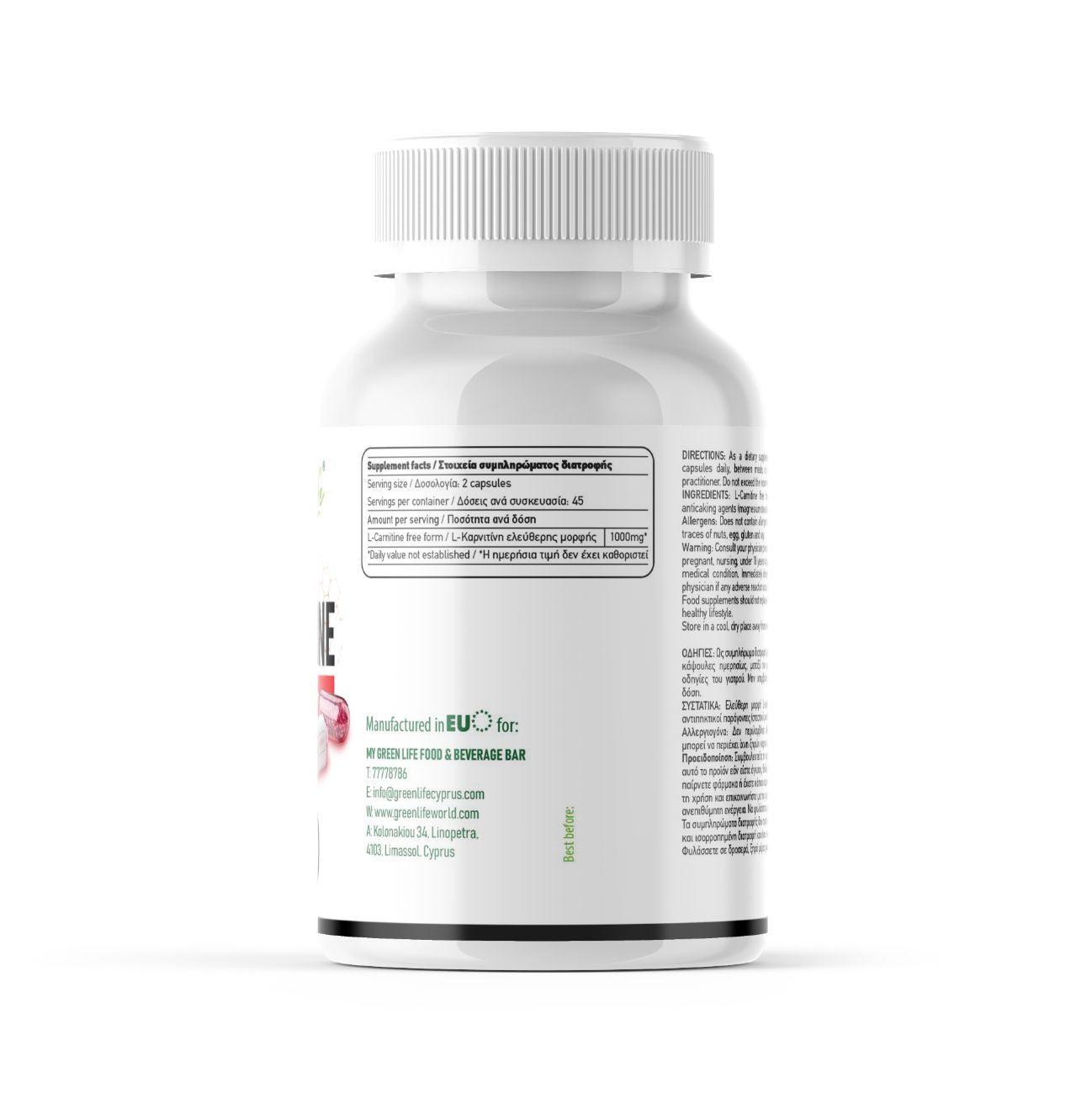 Green Life Cyprus L-Carnitine supplement bottle with 90 green capsules, 500 mg each, on a white background