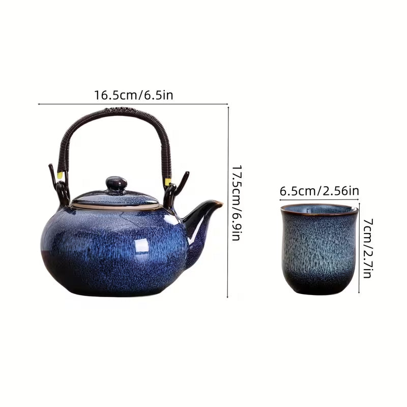 Japanese Kiln-Glazed Porcelain Tea Set – 6 Cups & Teapot with Filter, Dark Blue - GREEN LIFE CYPRUS