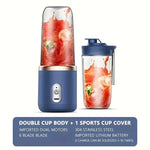 Portable USB smoothie blender cup with six blades, compact design, and ergonomic handle for blending on the go.