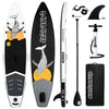 Inflatable TEMU stand-up paddleboard with a child and adult on water, suitable for beginners, made of durable material.