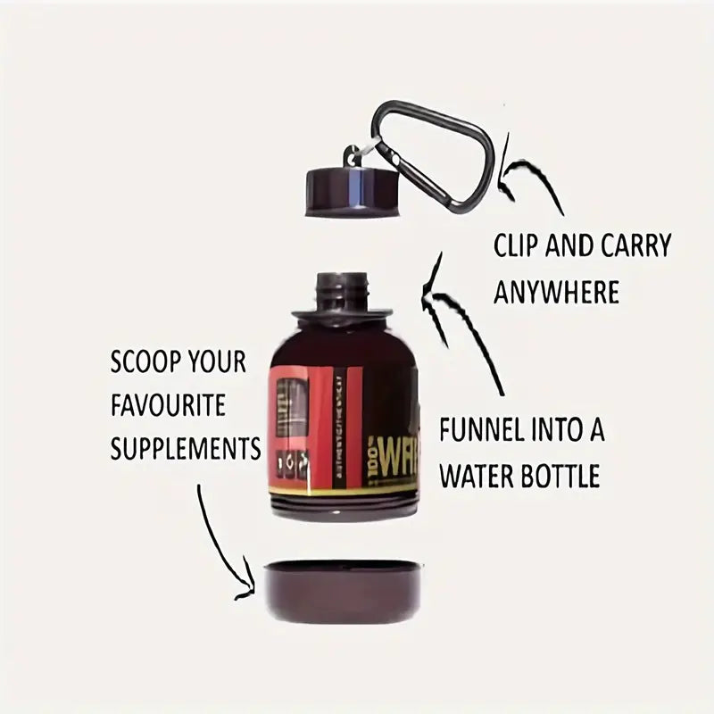 100ml Mini Whey Container with Built-in Funnel, Portable Supplement Storage with Keychain Clip, Easy to Scoop and Pour, Perfect for Gym and On-the-Go Fitness Enthusiasts