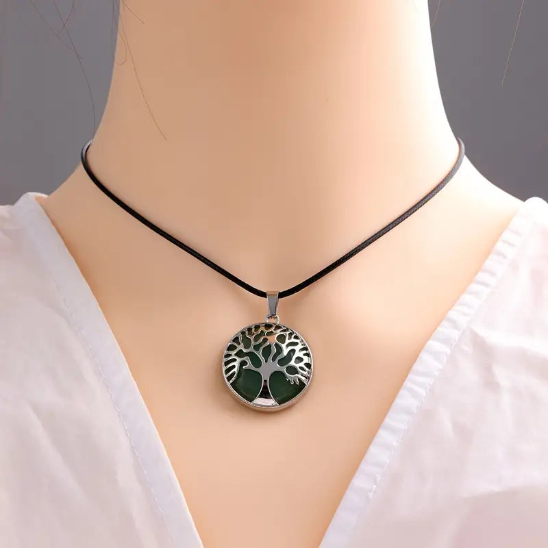 Tree Of Life Design Natural Stone Pendant, Energy Stone Crystal Chakra Necklace For Women & Men