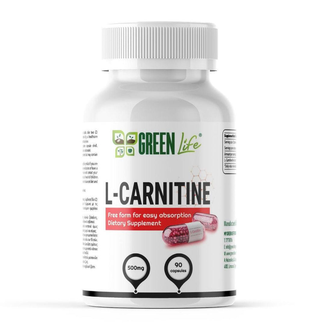 Green Life Cyprus L-Carnitine supplement bottle with 90 green capsules, 500 mg per serving, on a white background