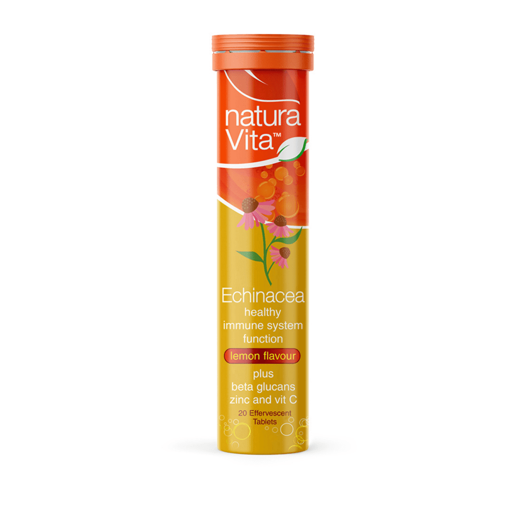 Echinacea Plus supplement bottle with Beta Glucans, Zinc, and Vitamin C by Naturavita, displayed against a white background.