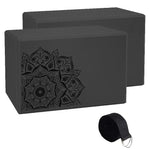 Set of three yoga blocks and stretch strap from TEMU, showing foam blocks and adjustable strap for flexibility exercises.