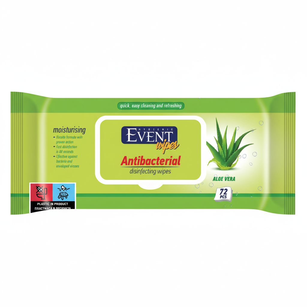 Event Antibacterial Wet Wipes with Aloe Vera, 72 pcs, showing moist wipes in packaging with aloe vera illustration.